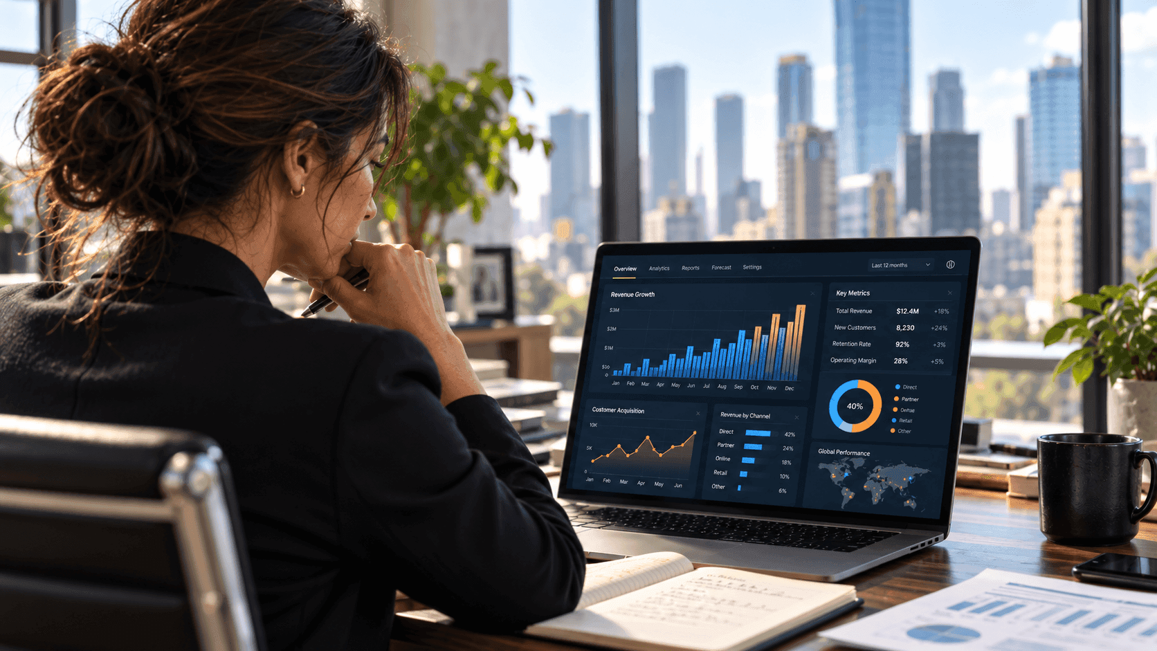 Illustrative image for Decide with Data: Real photo of a CFO reviewing a clear chart on a laptop, confident.