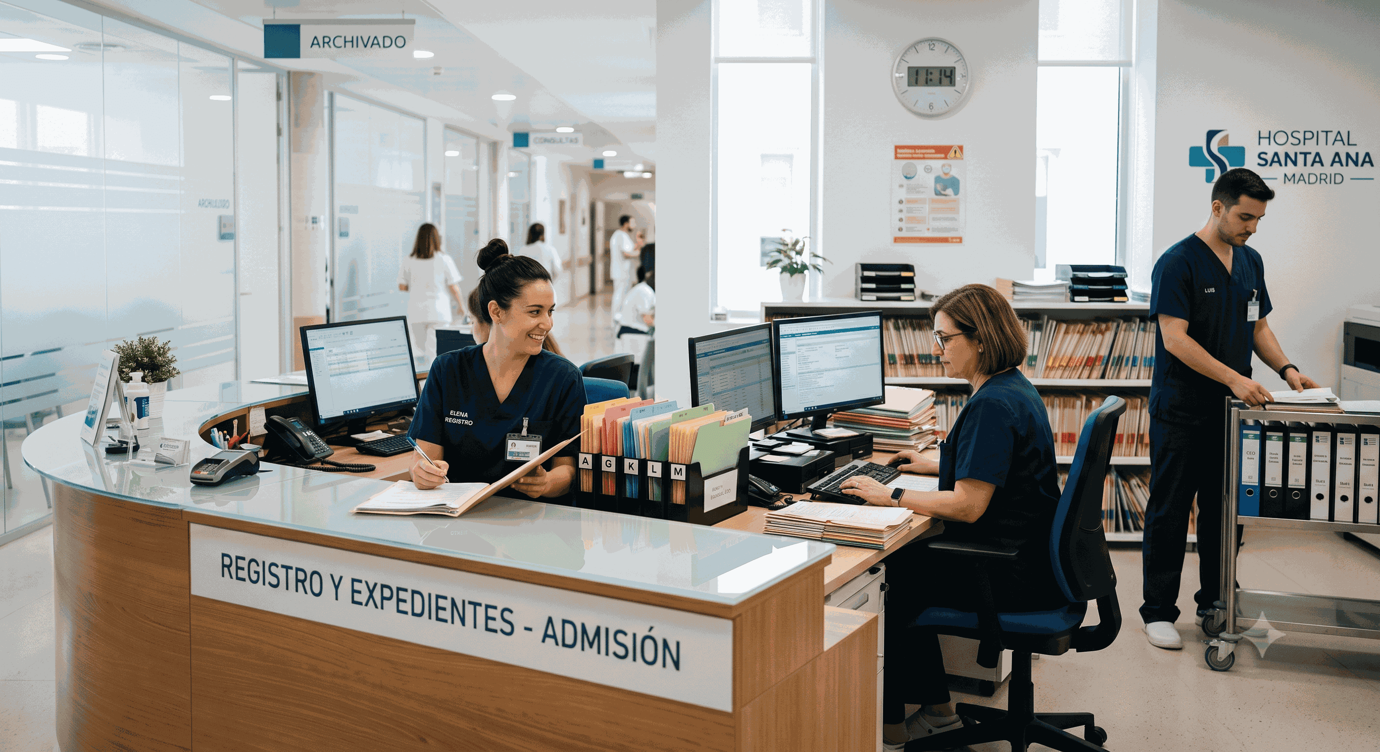 Real photo of a hospital records desk with staff, calm and organized.