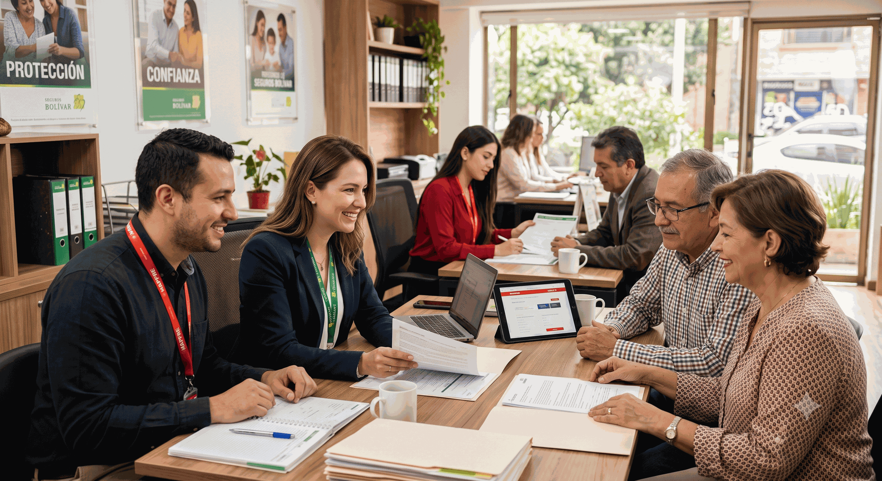 Real photo of an insurance office team helping clients, warm and trustworthy.