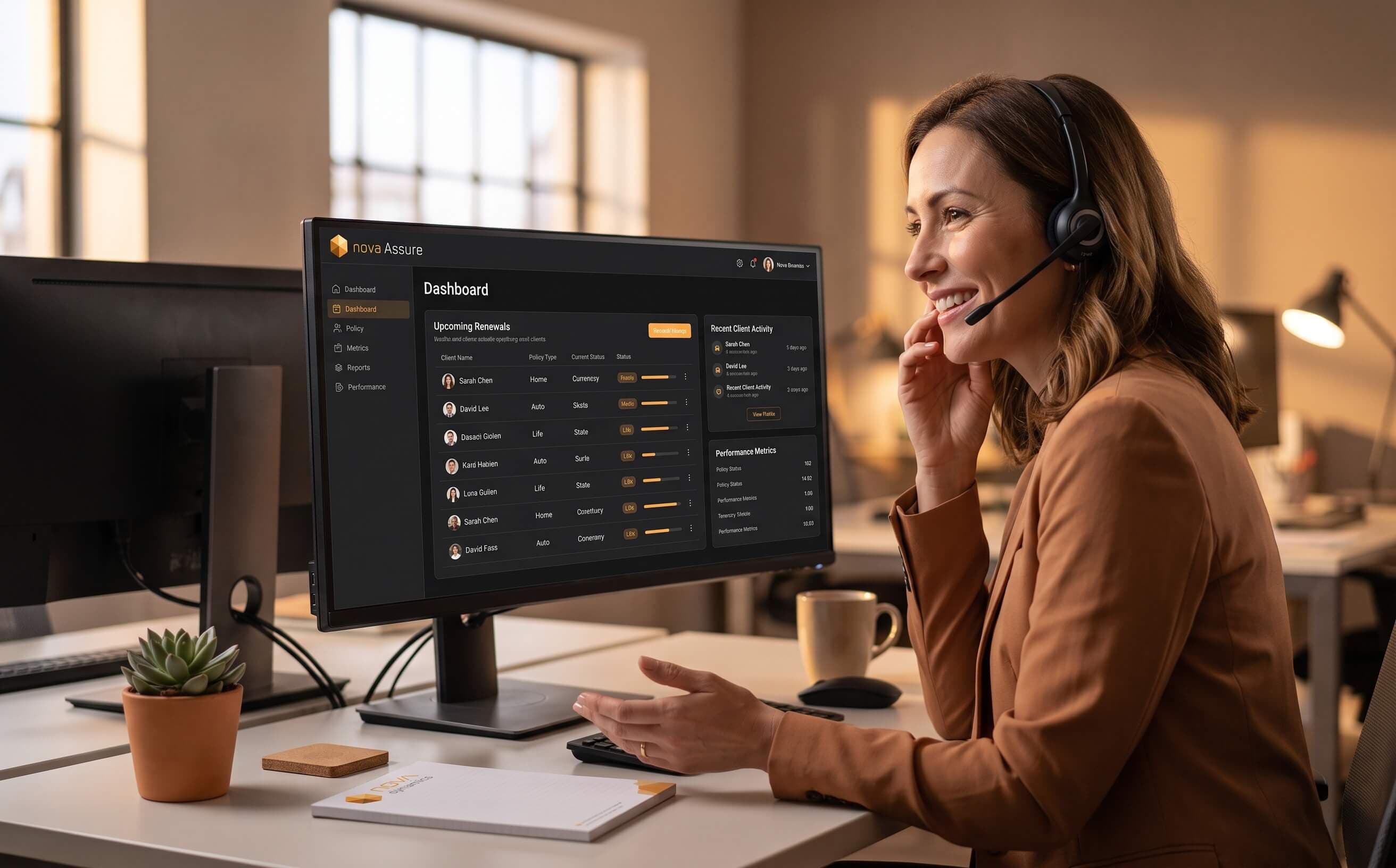 Real photo showing Nova Assure in use — Real photo of an insurance agent smiling on a call while an organized policy dashboard shows upcoming renewals, warm and trustworthy.