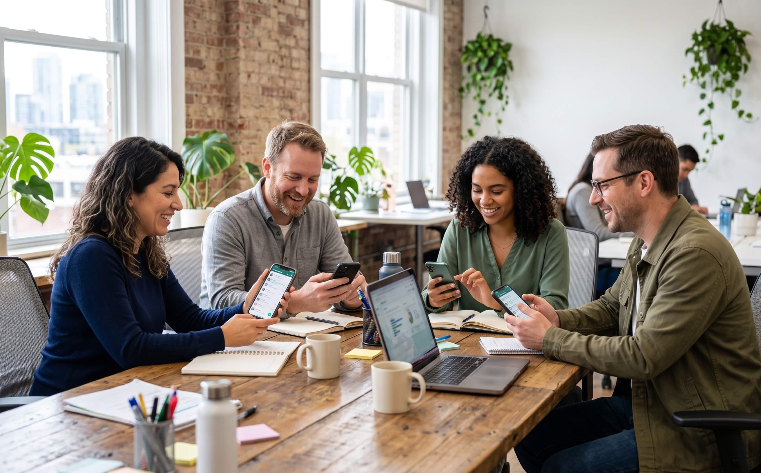 Real photo of a small business team using the tool on WhatsApp on a phone, relaxed and confident — no technical staff needed.