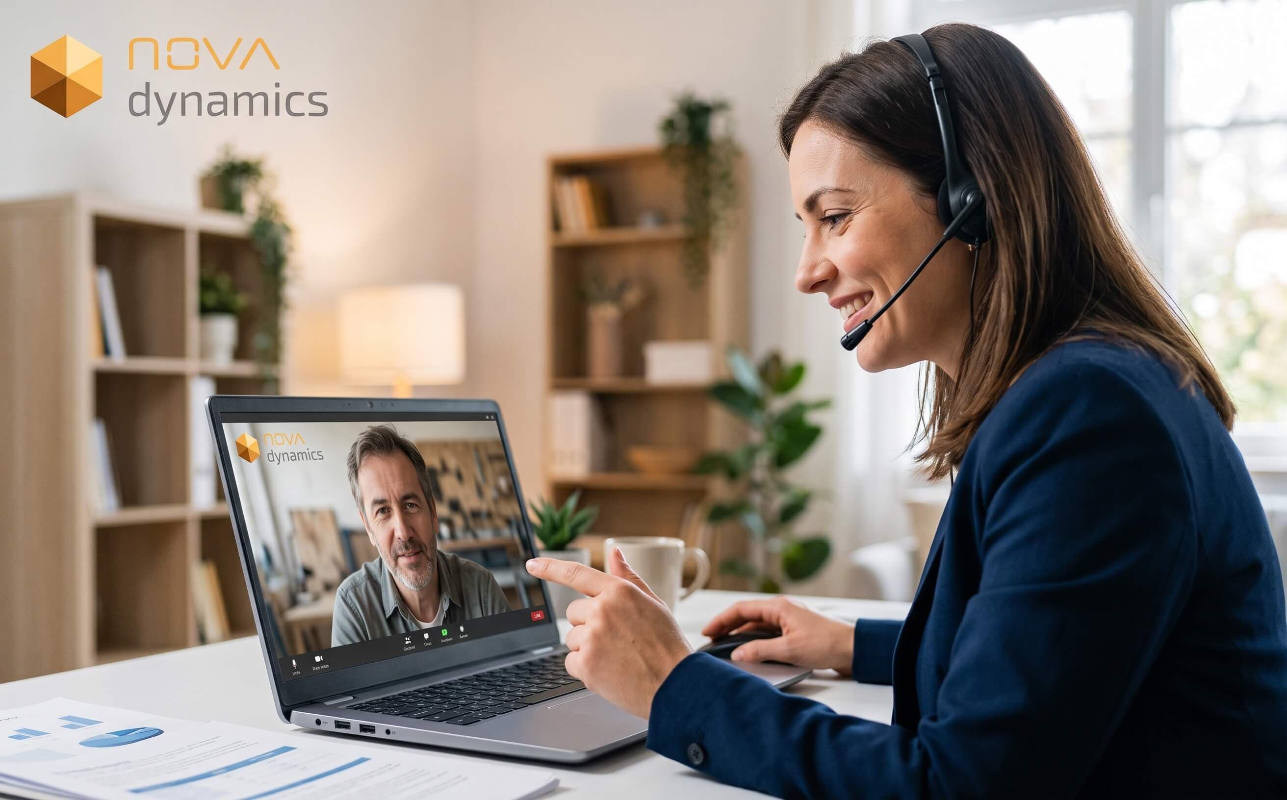 Real photo of a friendly Nova Dynamics advisor on a video call helping a business owner, warm and human.