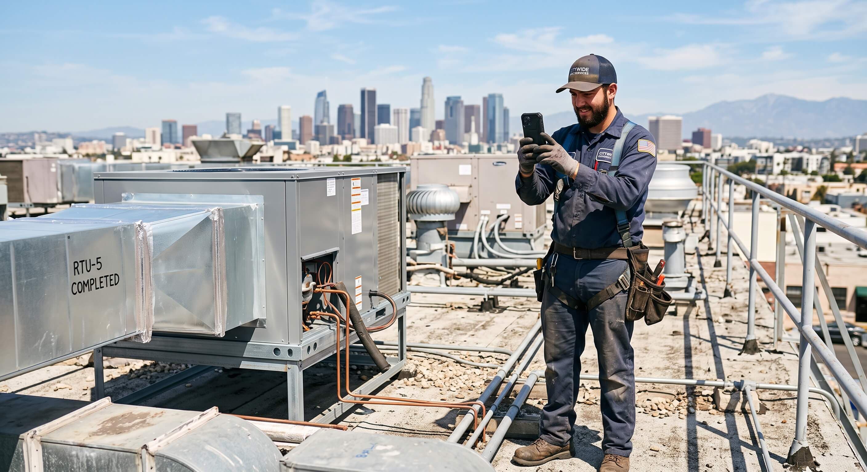 Real photo showing Nova Field in use — Real photo of an HVAC technician on a rooftop taking a photo of completed work on his phone, authentic and sunny.