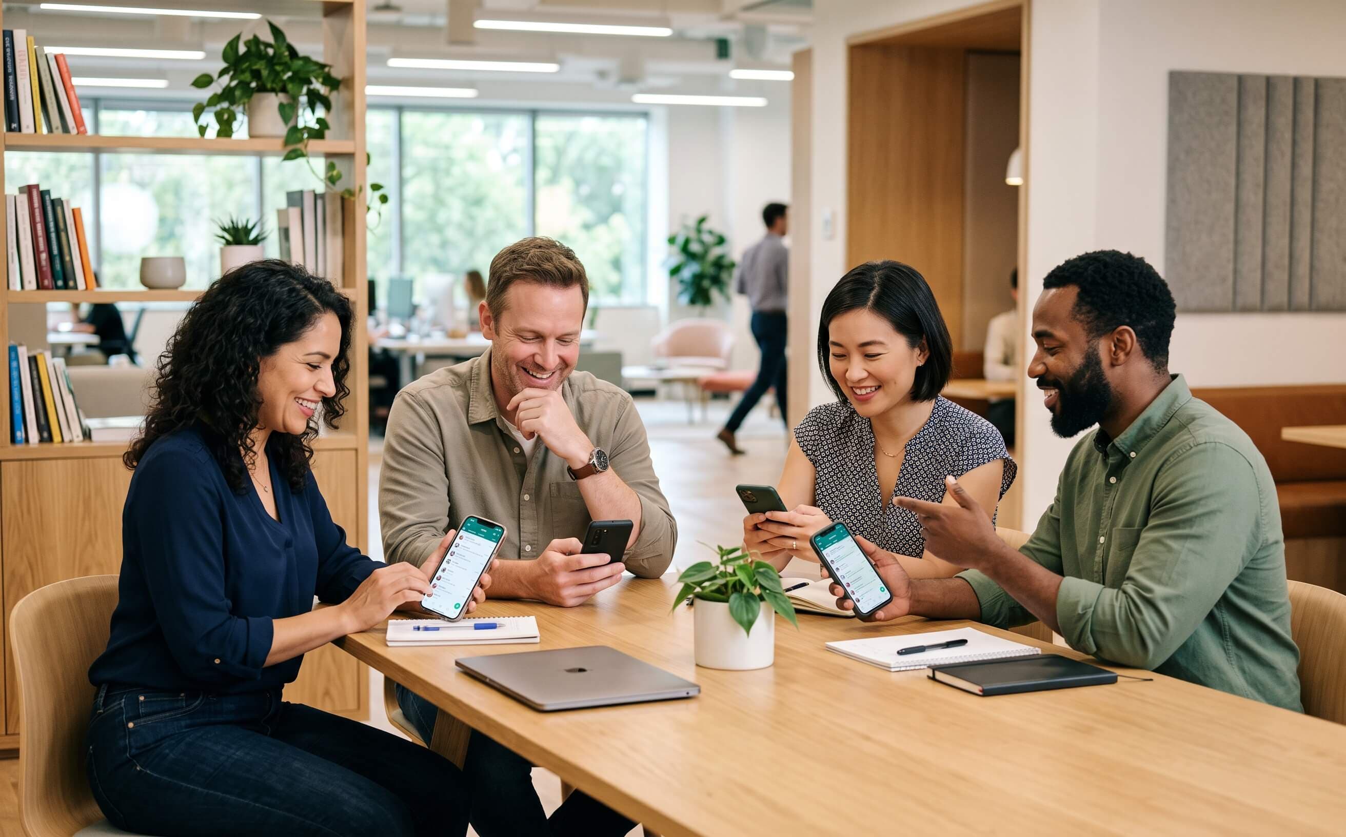 Real photo of a small business team using the tool on WhatsApp on a phone, relaxed and confident — no technical staff needed.