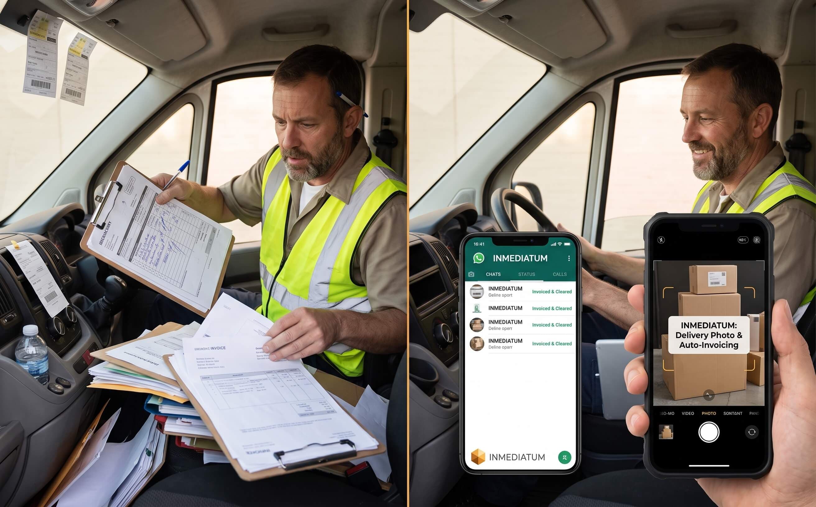 Real photo showing INMEDIATUM in use — Split real photo — left, a driver juggling a paper clipboard; right, the same driver snapping a delivery photo on WhatsApp while an app auto-clears the invoice.