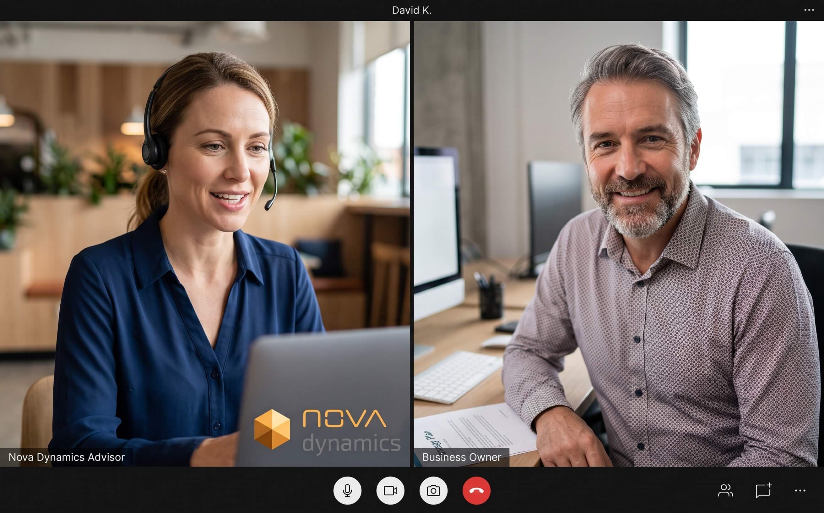 Real photo of a friendly Nova Dynamics advisor on a video call helping a business owner, warm and human.