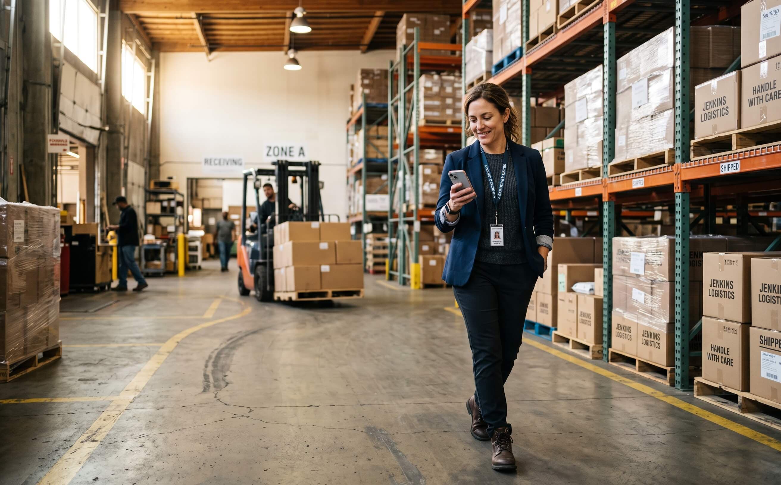 Real photo showing Nova Insight in use — Real photo of a business owner checking Nova Insight on their phone while walking through their warehouse, natural light.