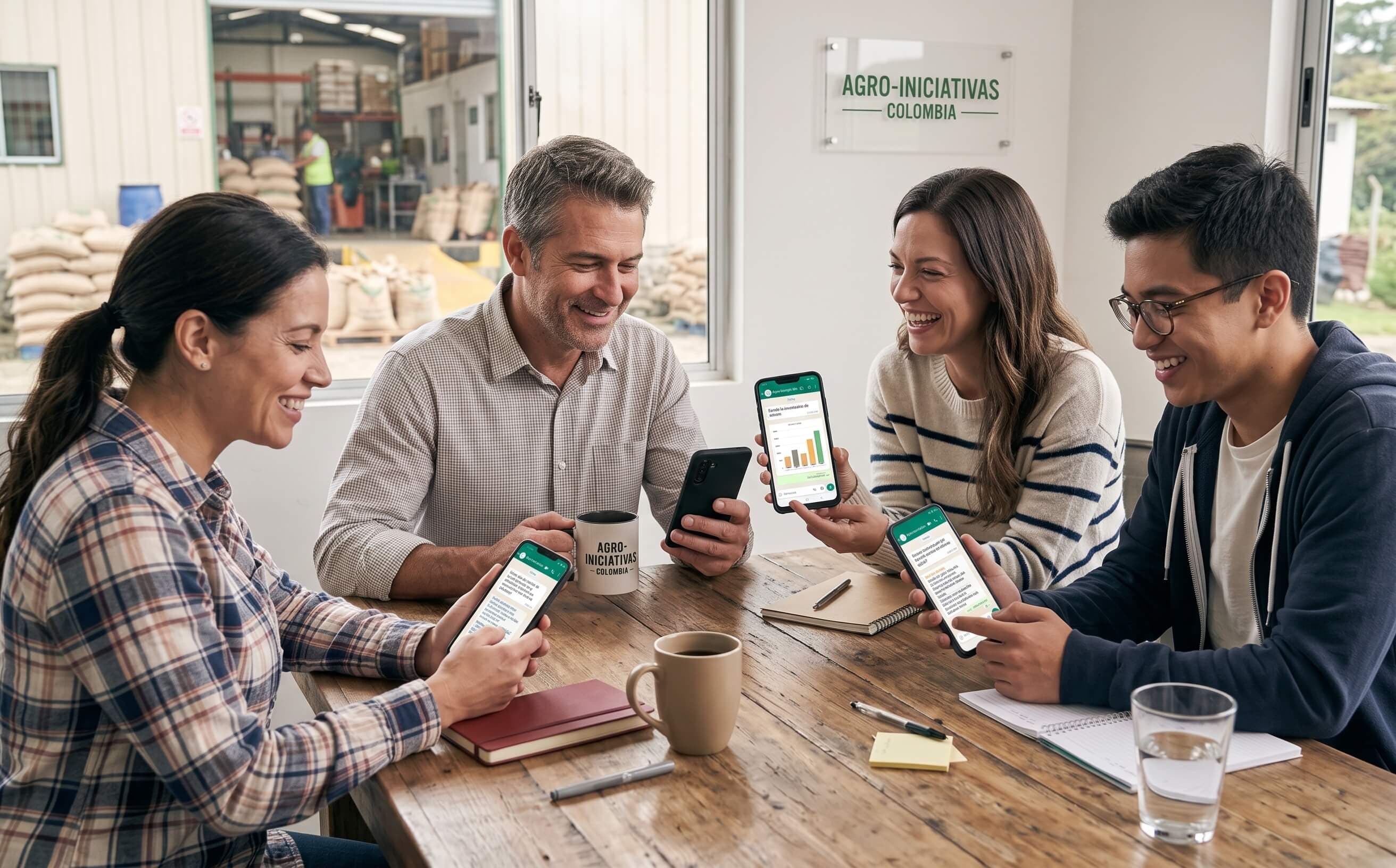 Real photo of a small business team using the tool on WhatsApp on a phone, relaxed and confident — no technical staff needed.