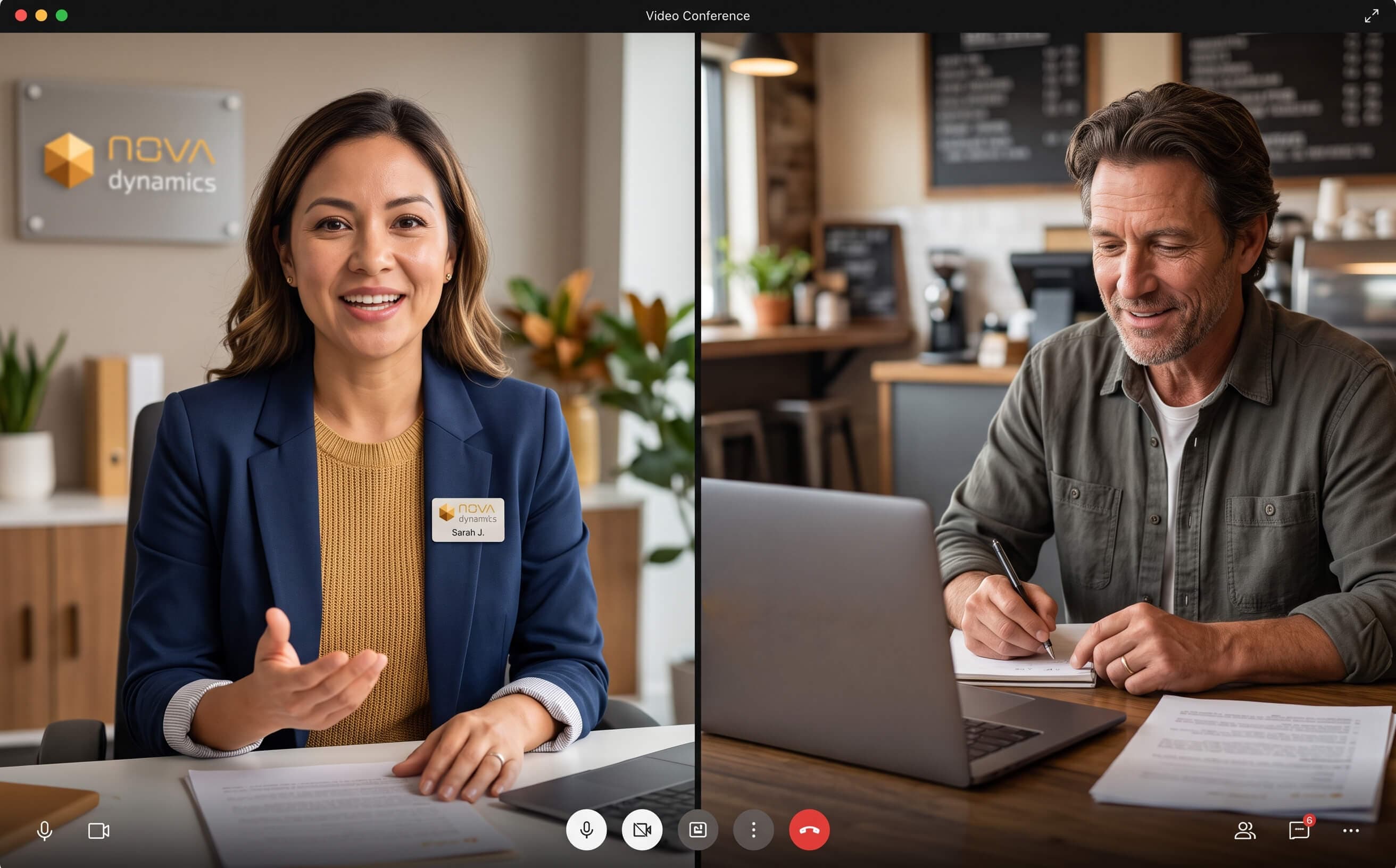 Real photo of a friendly Nova Dynamics advisor on a video call helping a business owner, warm and human.