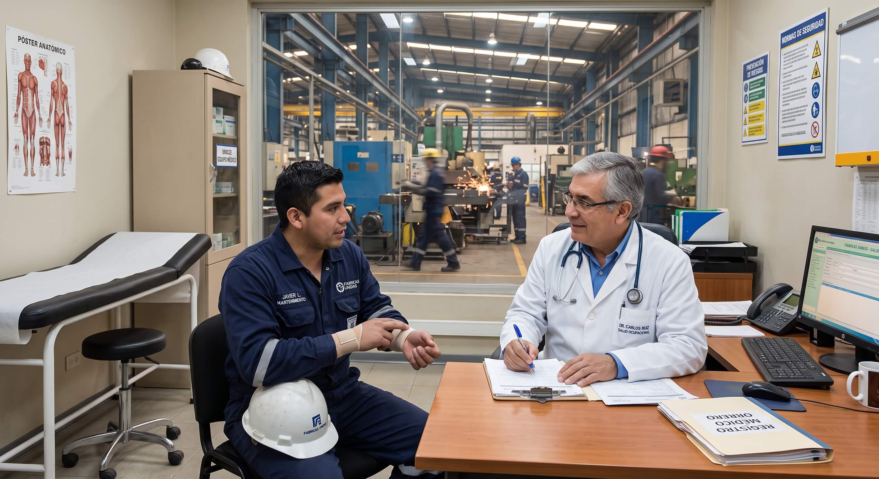 Real photo of an EHS manager reviewing workforce health-risk dashboards on a factory floor, safety-focused.