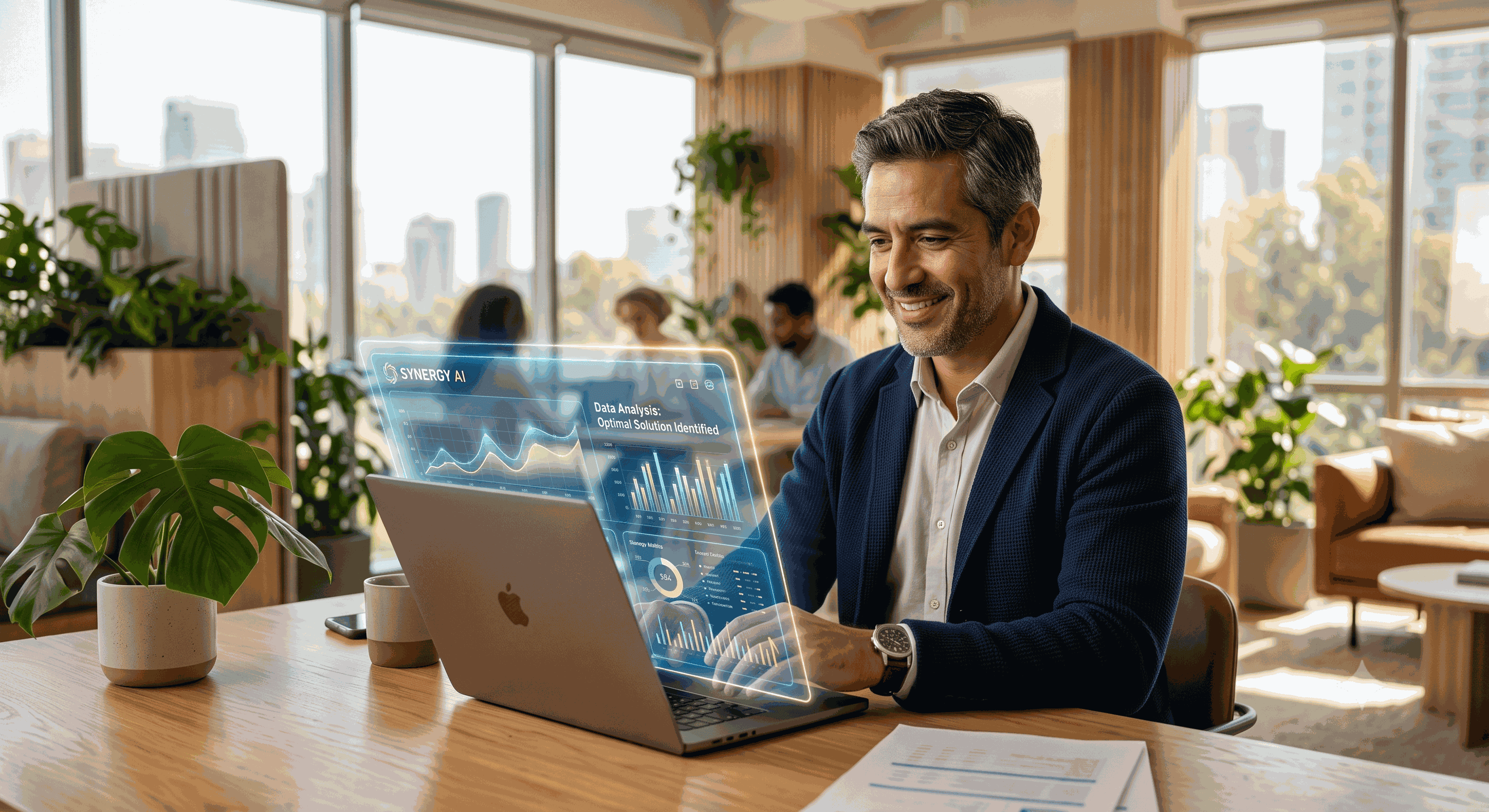 Warm photo of a professional working alongside an AI assistant, augmented not replaced — confident and human.