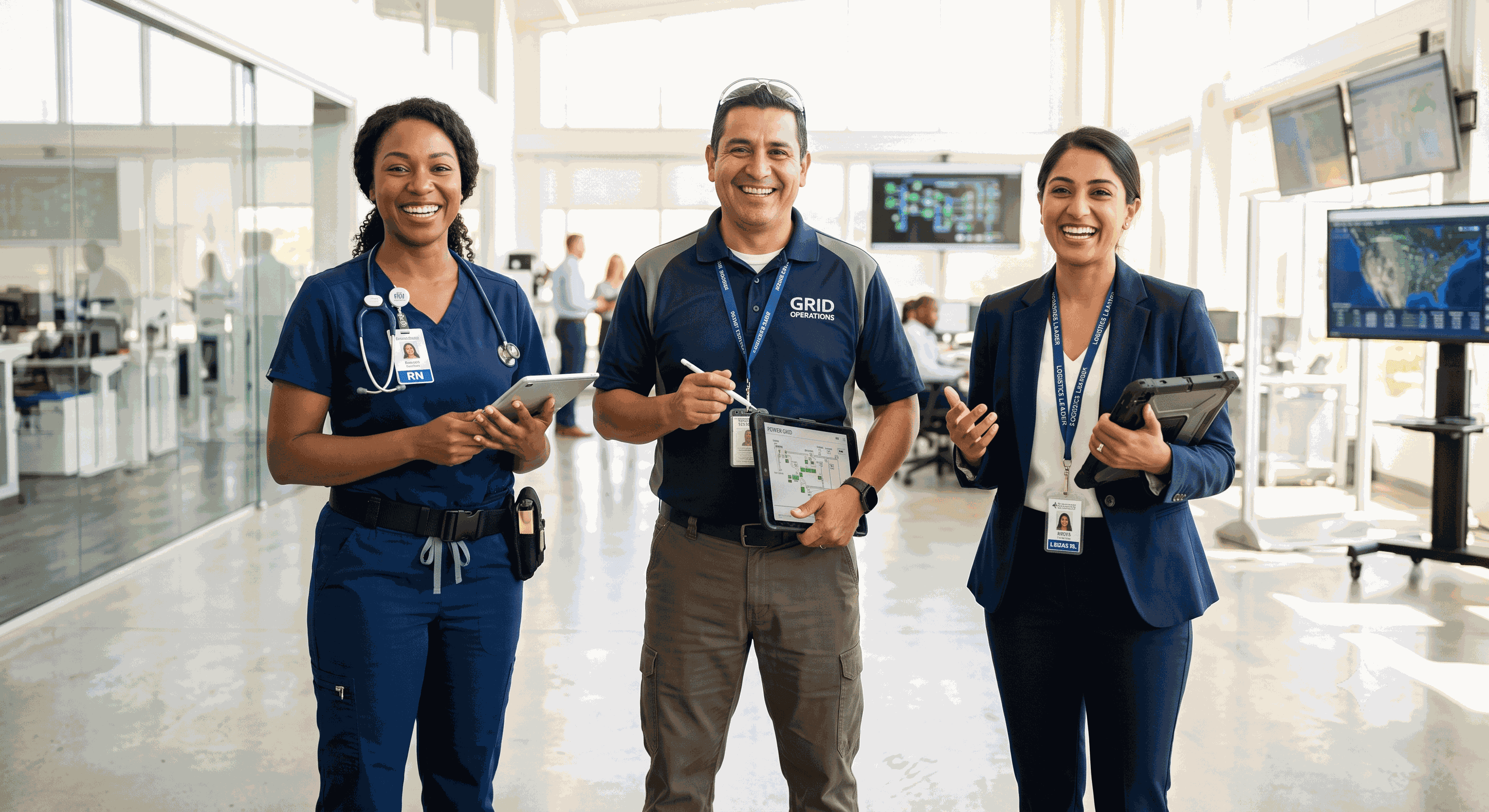 Radiant, luminous photo of a diverse team of critical-operations professionals (a nurse, a grid operator, a logistics lead) empowered and confident, bright and optimistic — no dark shadows.