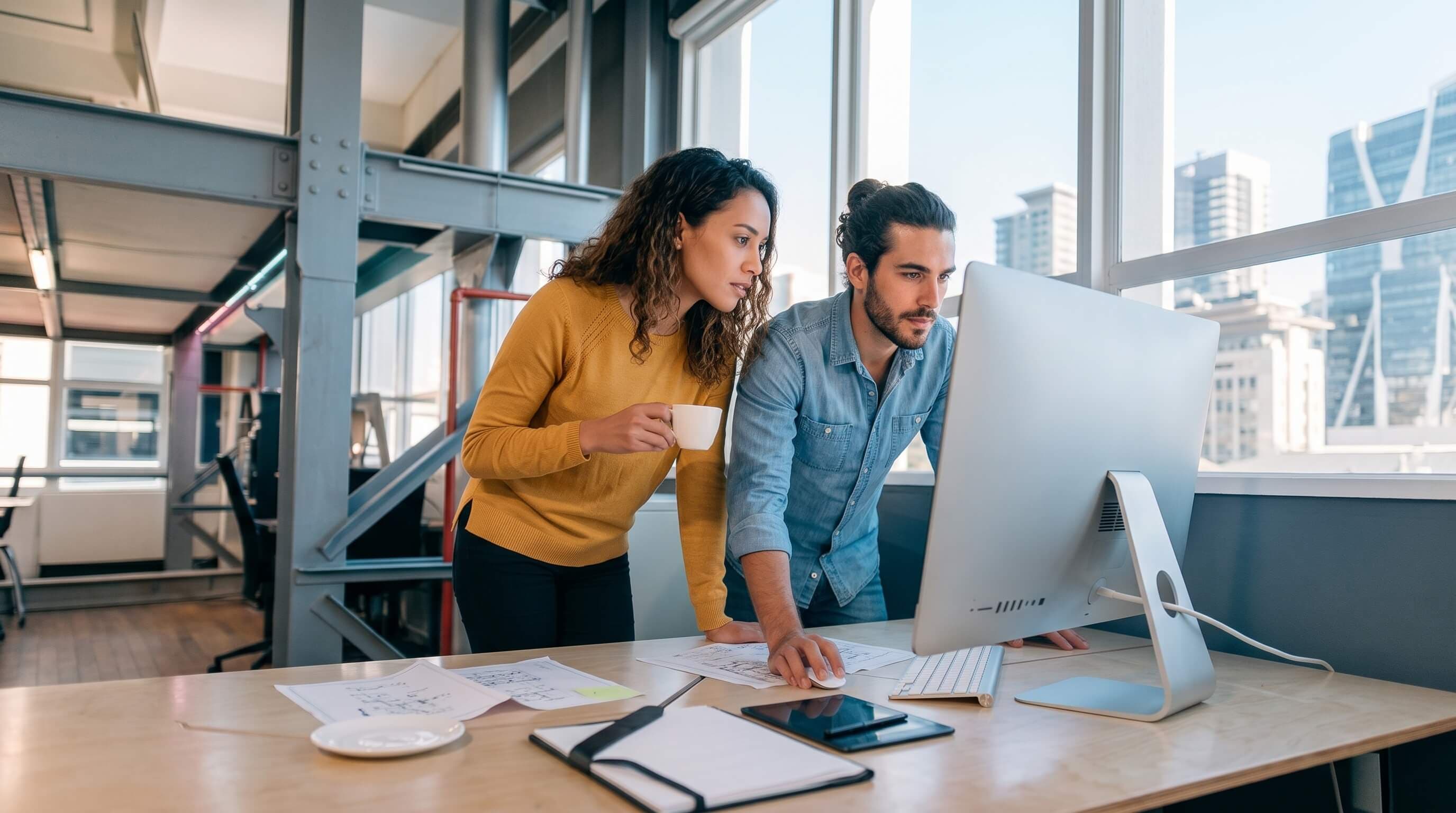 Real photo of two teams shaking hands / collaborating over a laptop, a partnership between Nova Dynamics and a technology company, optimistic.