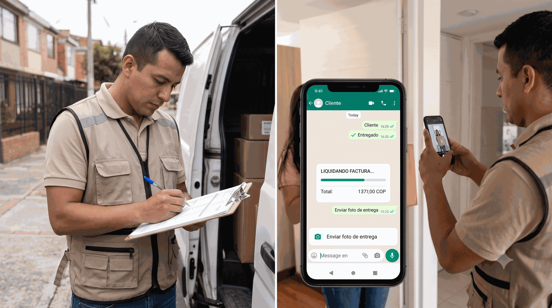 Split real photo — left, a driver juggling a paper clipboard; right, the same driver snapping a delivery photo on WhatsApp while an app auto-clears the invoice.