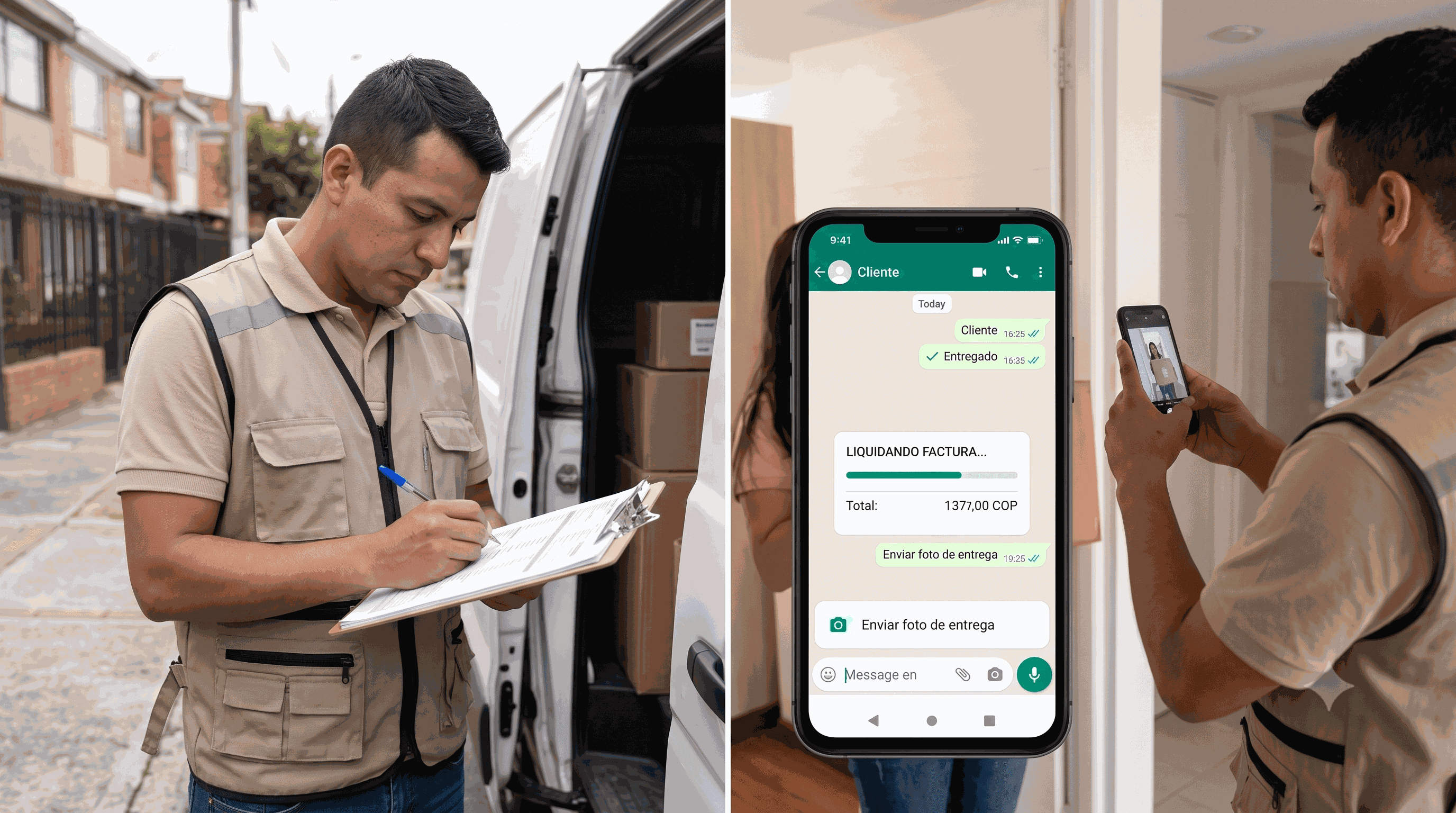 Split real photo — left, a driver juggling a paper clipboard; right, the same driver snapping a delivery photo on WhatsApp while an app auto-clears the invoice.