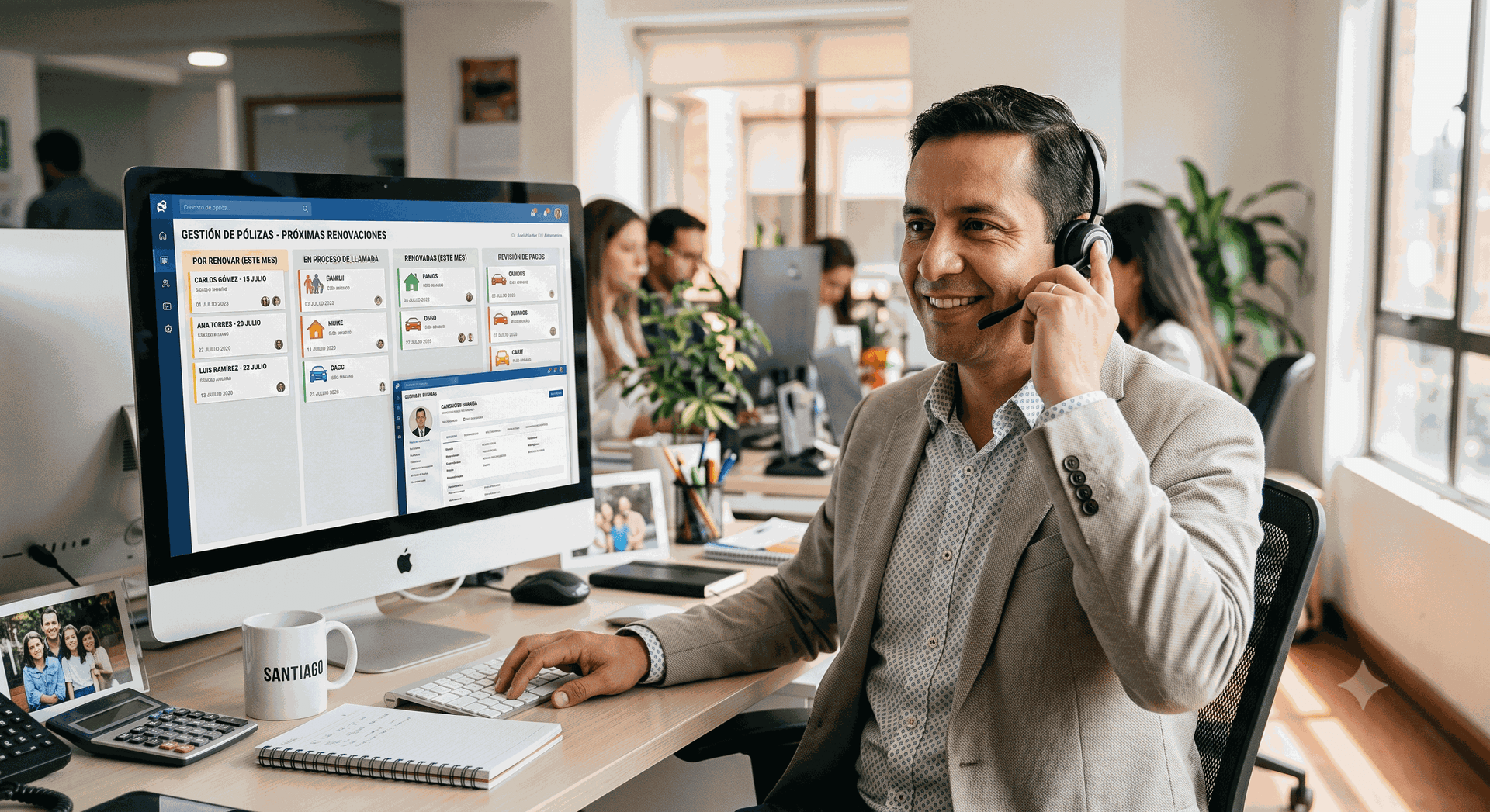 Real photo of an insurance agent smiling on a call while an organized policy dashboard shows upcoming renewals, warm and trustworthy.