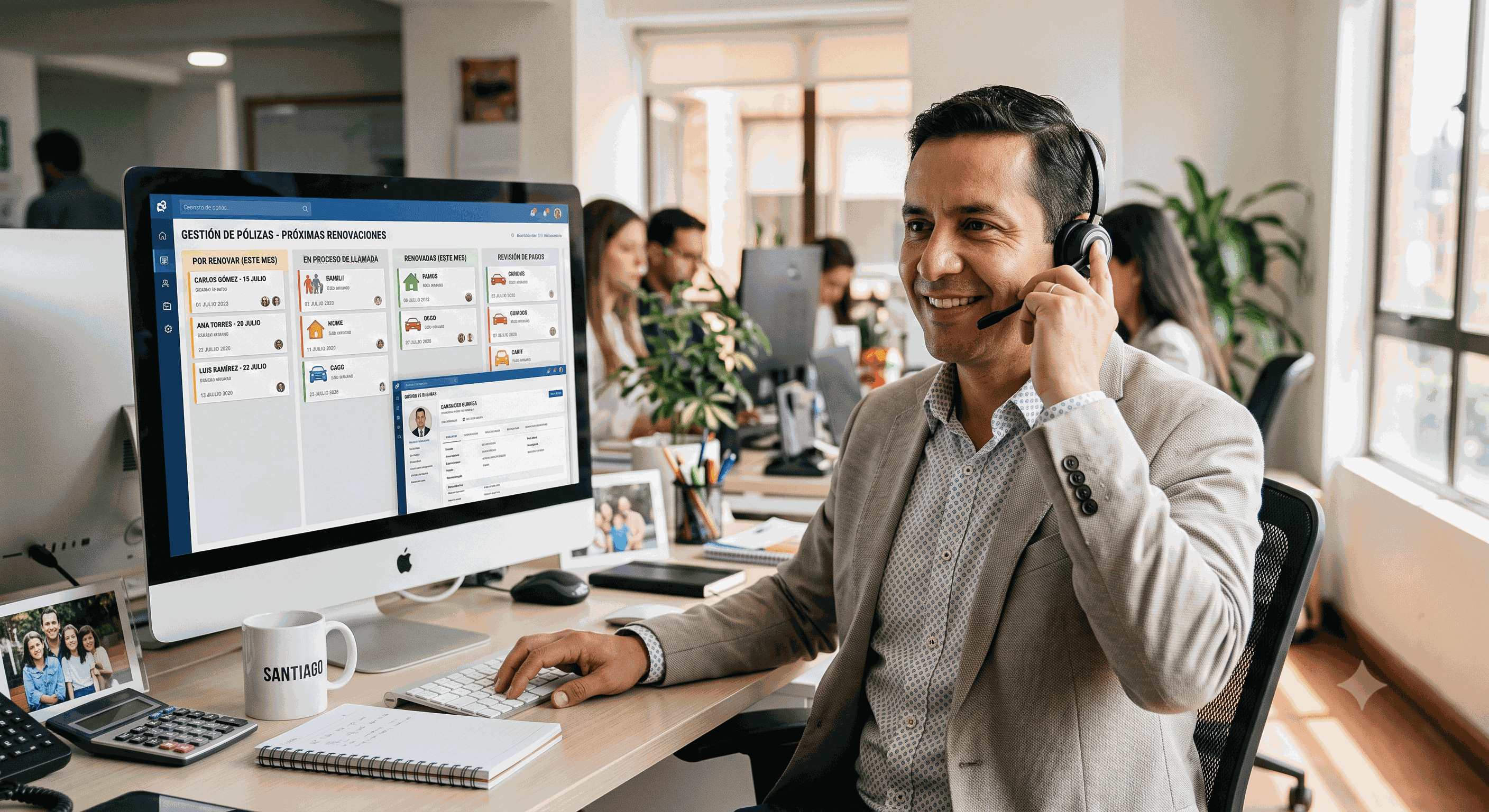 Real photo of an insurance agent smiling on a call while an organized policy dashboard shows upcoming renewals, warm and trustworthy.