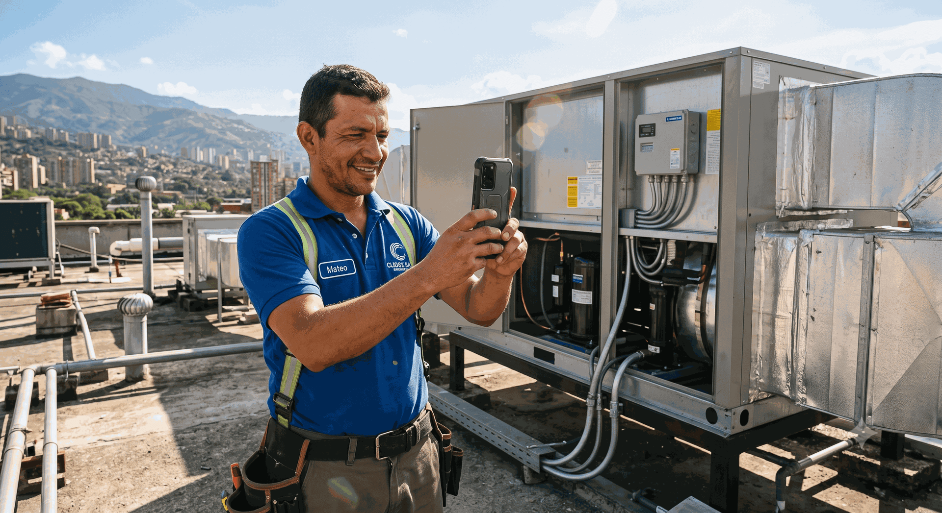Real photo of an HVAC technician on a rooftop taking a photo of completed work on his phone, authentic and sunny.
