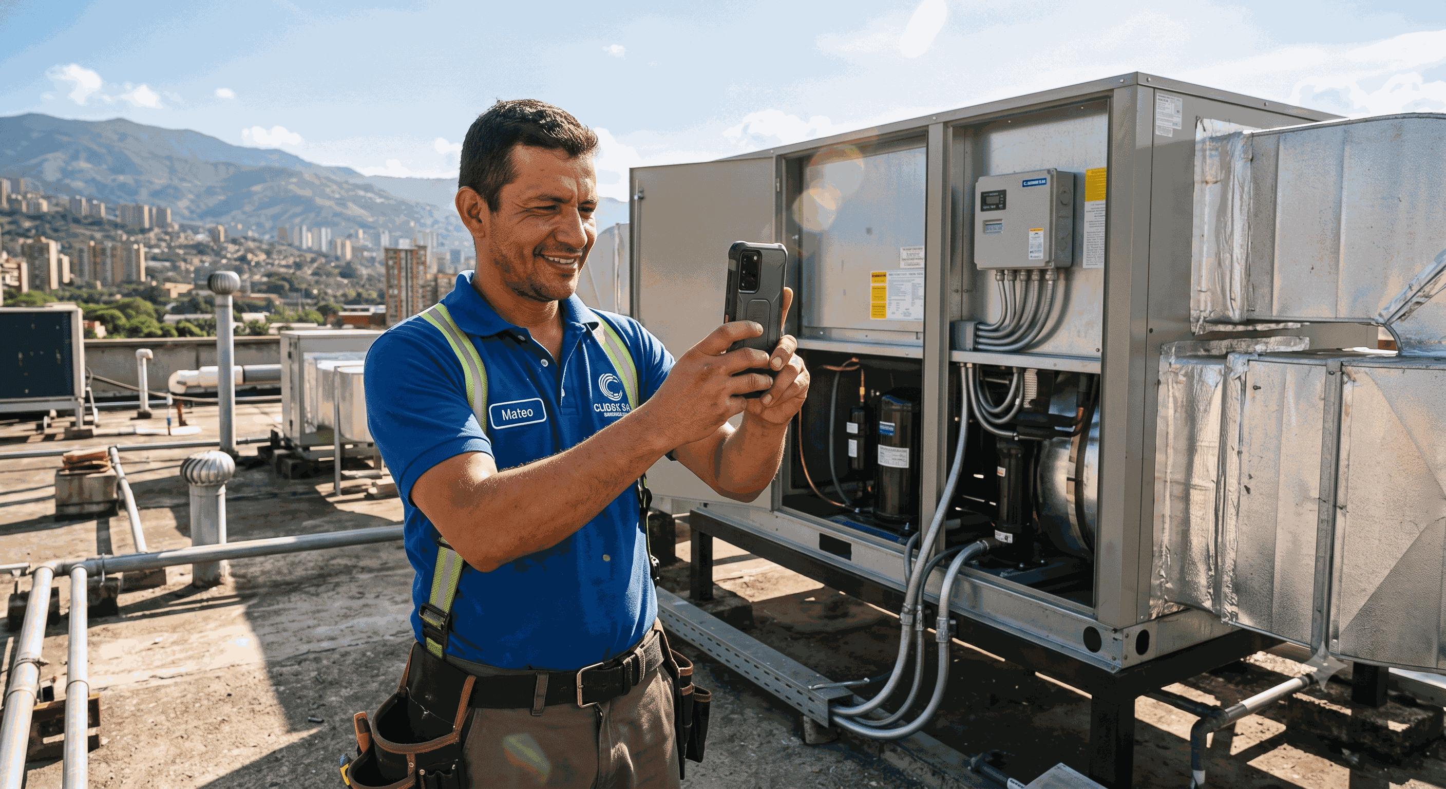 Real photo of an HVAC technician on a rooftop taking a photo of completed work on his phone, authentic and sunny.