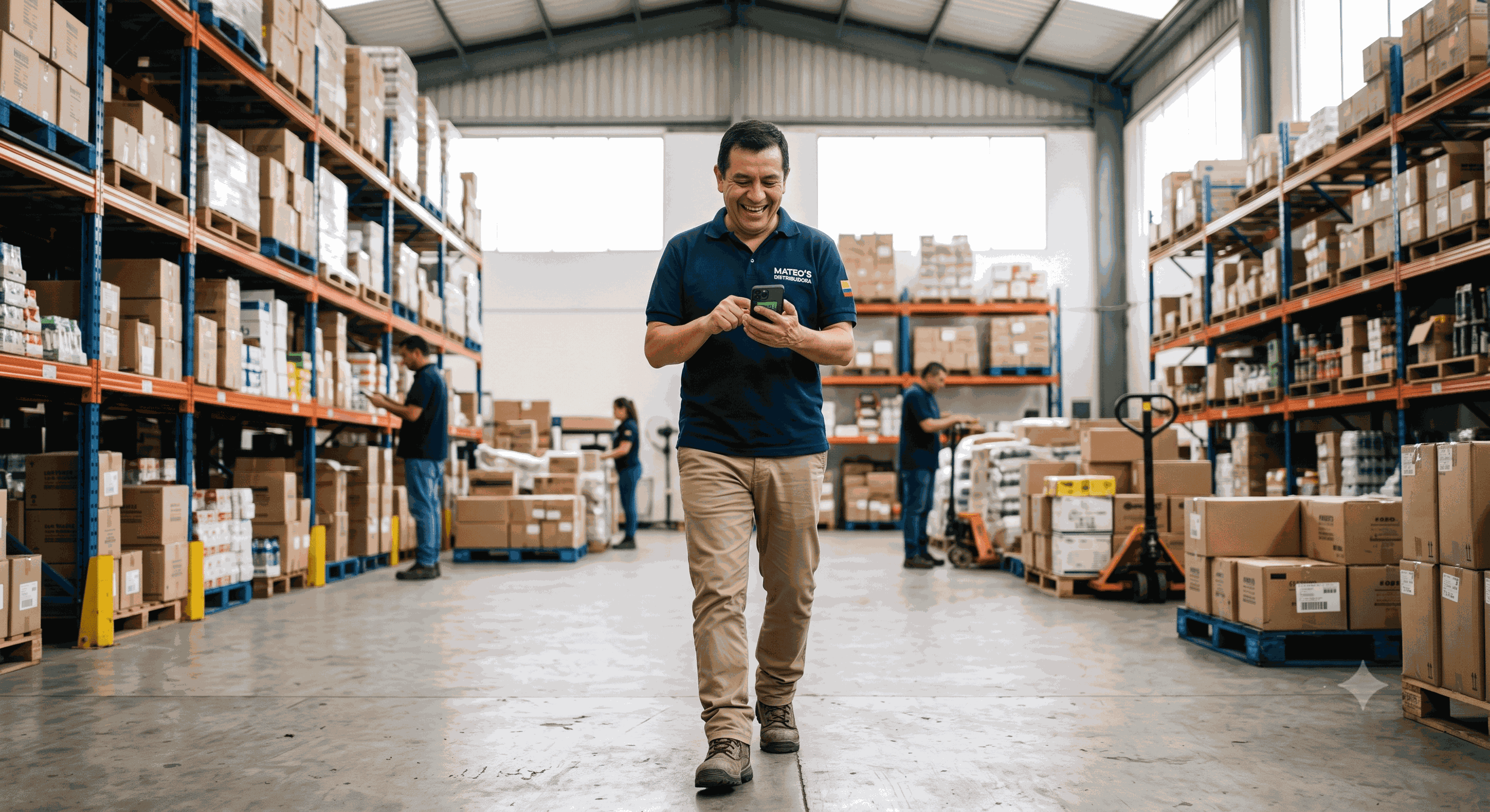 Real photo of a business owner checking Nova Insight on their phone while walking through their warehouse, natural light.