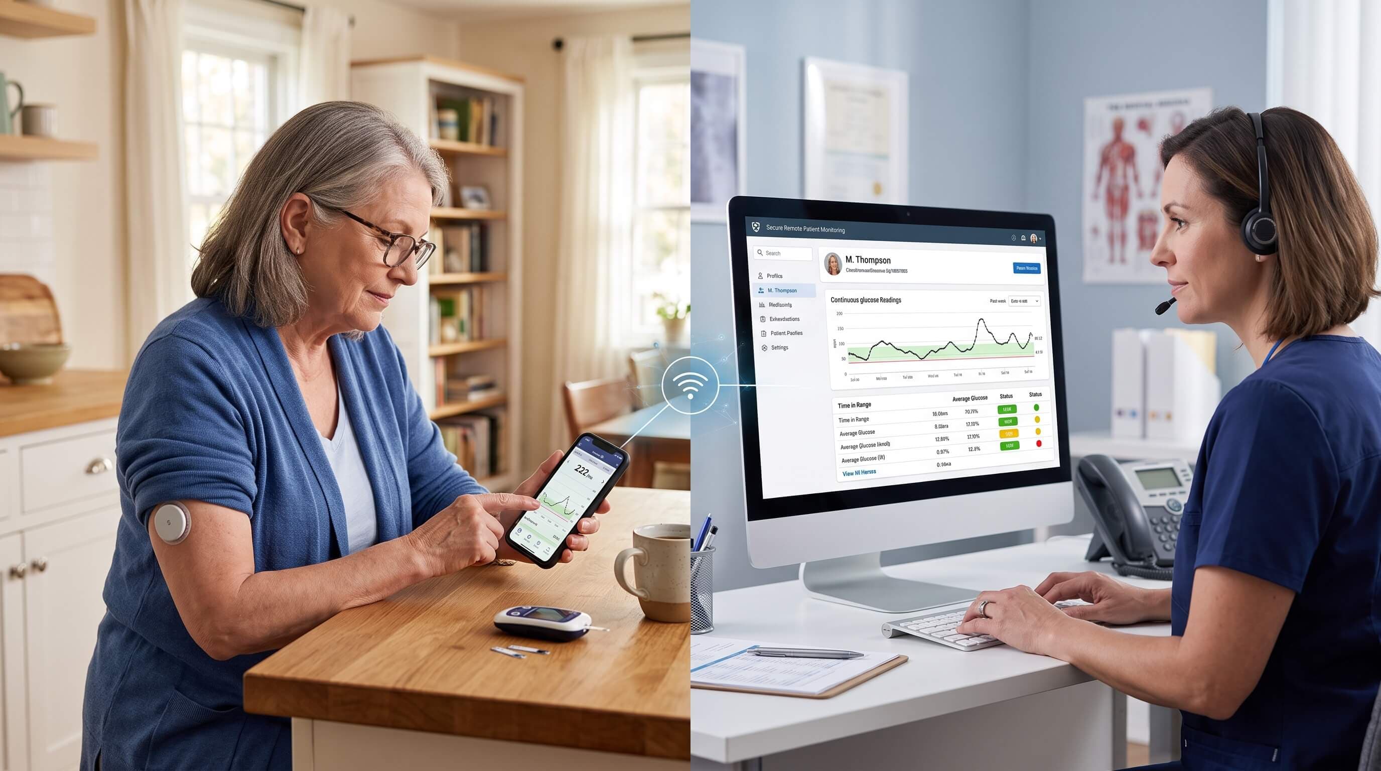 Real photo of a nurse reviewing a patient's remote-monitoring data on a tablet while, inset, a patient at home uses a glucometer — warm and human.