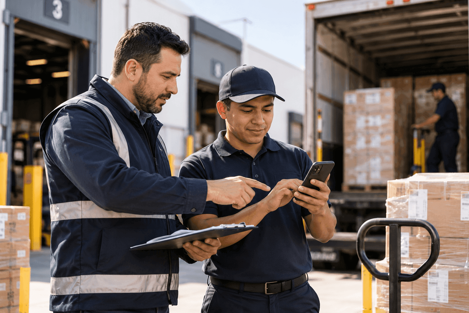Real photo of a logistics coordinator and a delivery driver confirming a delivery via phone at a loading dock.