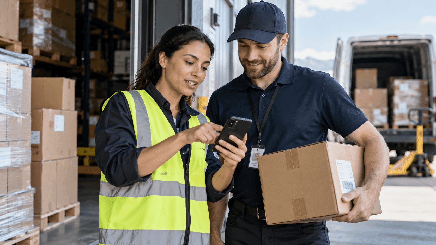 Illustrative image for Optimize Operations & Logistics: Real photo of a logistics coordinator and a delivery driver confirming a delivery via phone at a loading dock.
